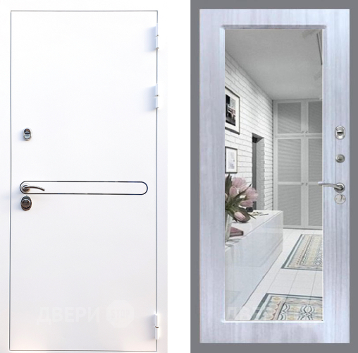 Входная металлическая Дверь Стоп Лайн Вайт Зеркало Сандал белый в Бронницах