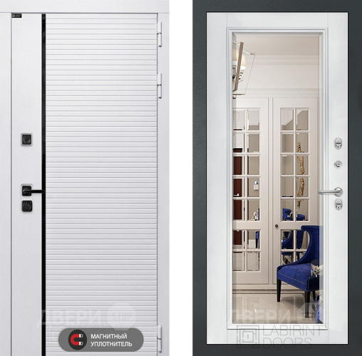 Входная металлическая Дверь Лабиринт (LABIRINT) Royal Зеркало Фацет с багетом Белый софт в Бронницах