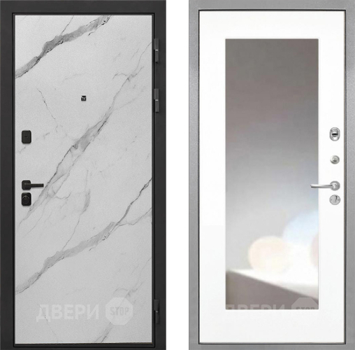 Входная металлическая Дверь Интекрон (INTECRON) Профит Black Мрамор Арктик ФЛЗ-120-М Зеркало Белый матовый в Бронницах